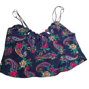 Vintage Victoria's Secret Gold Label Navy Blue Paisley Floral Crop Satin Top